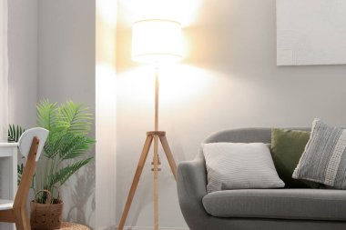 Oturma odasının içi rahat gri kanepe ve parlayan lambayla dolu.