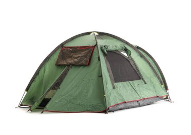 Green camping tent on white background