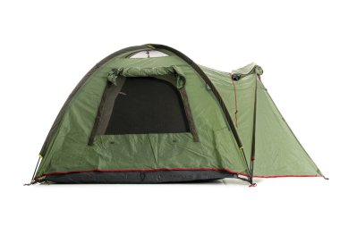 Green camping tent on white background