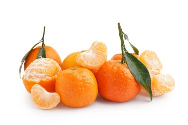 Sweet tangerines with leaves on white background