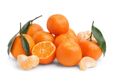 Sweet tangerines with leaves on white background