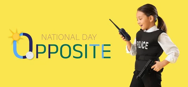 Banner for Opposite Day with police officer on yellow background