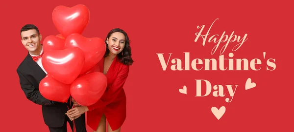 Banner Valentine Day Happy Young Couple Holding Heart Shaped Balloons — Fotografia de Stock