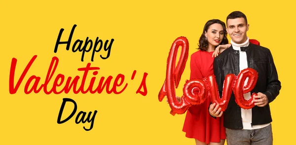 Banner Valentine Day Happy Young Couple Holding Balloon Shape Word — Fotografia de Stock
