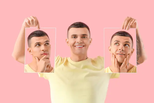 Young Man Holding Posters Different Emotions Pink Background — Stok fotoğraf