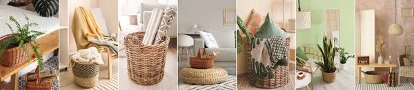 Set Wicker Baskets Domestic Supplies Firewood Houseplants Home — 스톡 사진