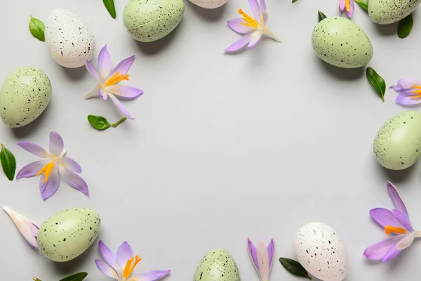 Frame Made Easter Eggs Crocus Flowers Plant Leaves Light Background — Fotografia de Stock