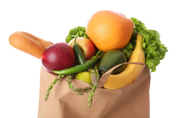Paper Bag Vegetables Fruits White Background — Stock Photo, Image