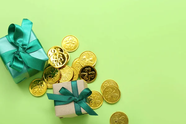 Gifts Golden Coins Light Green Background Patrick Day Celebration — Foto de Stock