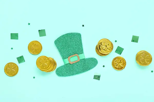 Golden Coins Sequins Paper Leprechaun Hat Blue Background Patrick Day — Stockfoto