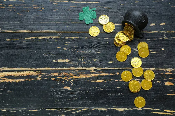 Pot Golden Coins Paper Clover Black Wooden Background Patrick Day — Foto de Stock