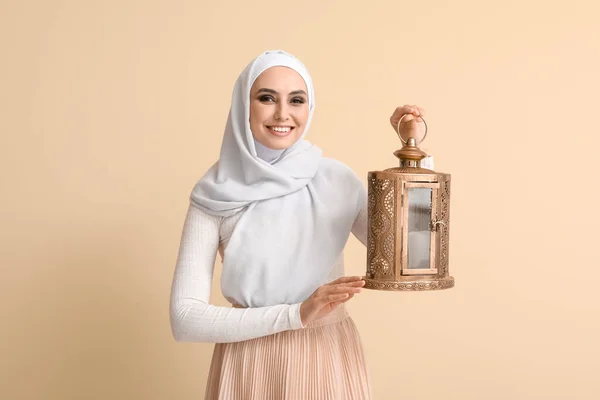 Young Muslim Woman Lantern Beige Background Islamic New Year Celebration — Stock Photo, Image