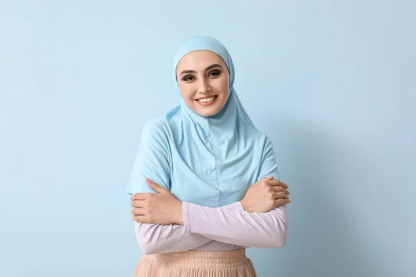 Young Muslim Woman Blue Background Islamic New Year Celebration — 스톡 사진