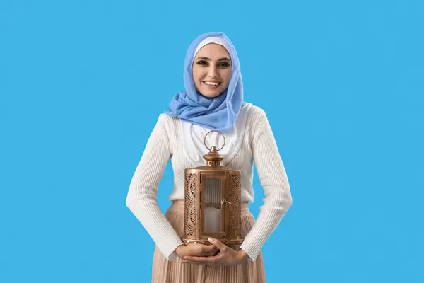 Young Muslim Woman Lantern Blue Background Islamic New Year Celebration — Stock Photo, Image