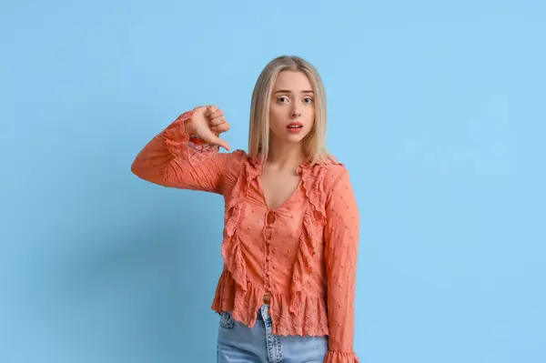 Upset Young Woman Showing Dislike Blue Background — Stockfoto