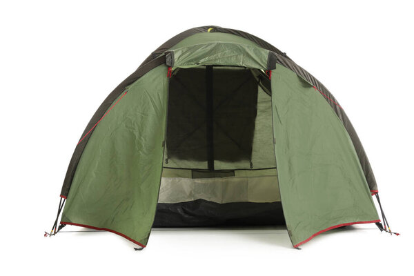 Green camping tent on white background