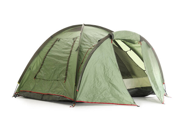 Green camping tent on white background