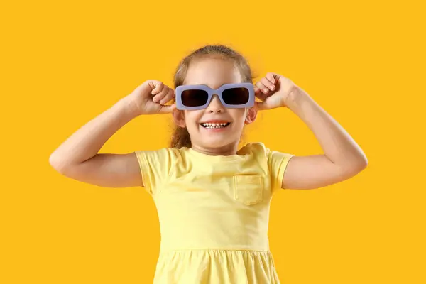 Cute Little Girl Sunglasses Yellow Background — Photo