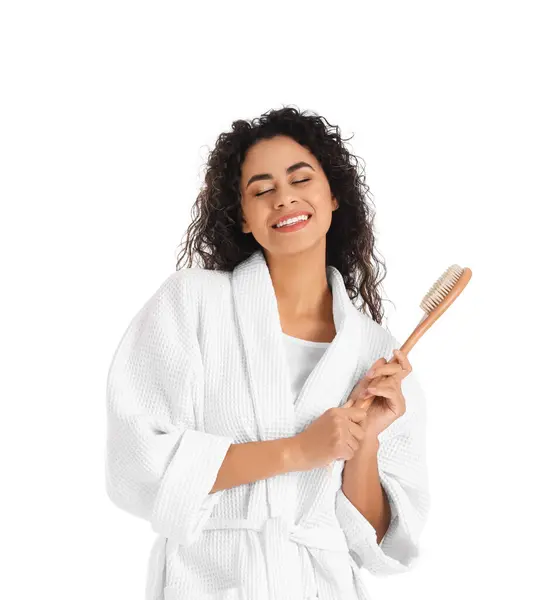 Young African American Woman Bathrobe Massage Brush White Background — ストック写真