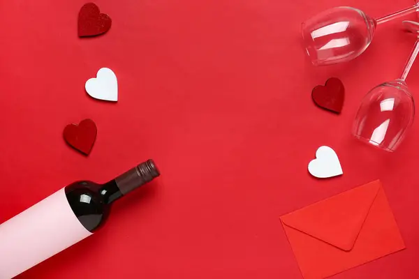 Bottle Wine Glasses Envelope Hearts Red Background Valentine Day Celebration — Photo