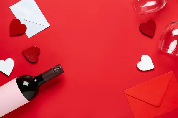 Frame Made Bottle Wine Envelopes Glasses Hearts Red Background Valentine — стокове фото