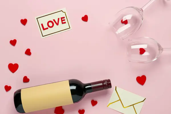 Frame Made Bottle Wine Glasses Envelope Hearts Pink Background Valentine — Photo