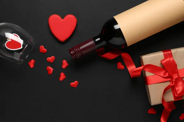 Bottle Wine Gift Box Glass Hearts Black Background Valentine Day — Photo