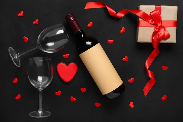 Bottle Wine Glasses Gift Box Hearts Black Background Valentine Day — Photo