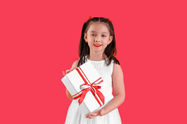 Cute Little Asian Girl Gift Box Red Background Chinese New — 图库照片