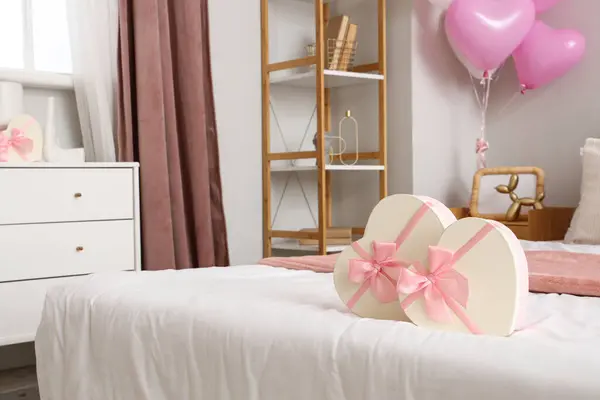 Heart Shaped Gift Boxes Valentine Day Bed Room Closeup — Stock Fotó