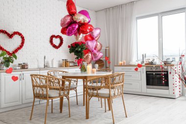 Interior of festive kitchen with decorations for Valentine's Day celebration