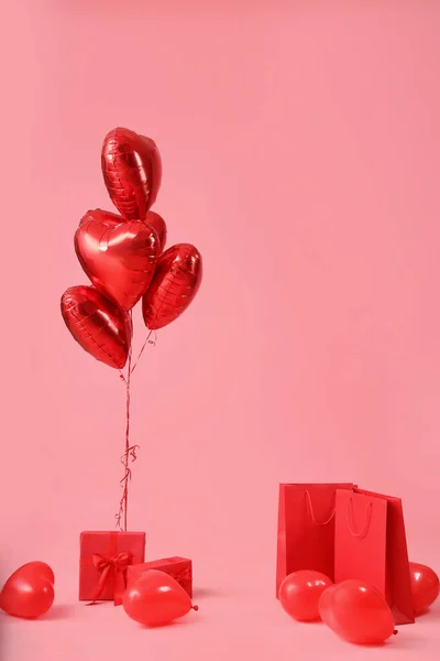 Heart Shaped Balloons Shopping Bags Gift Boxes Pink Background Valentine — стокове фото