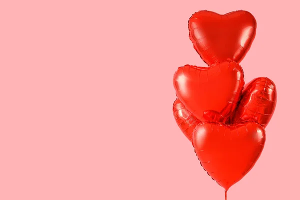 Red Heart Shaped Balloons Pink Background Valentine Day Celebration — Stok fotoğraf
