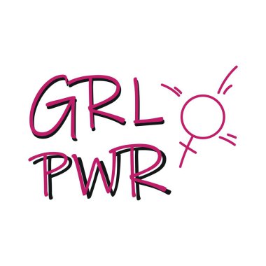 Text GRL PWR and symbol of woman on white background