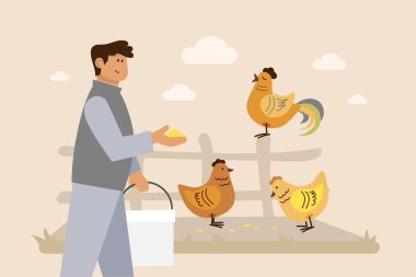 Male farmer feeding chickens on farm