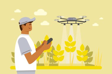 Male farmer with agricultural drone spraying fields