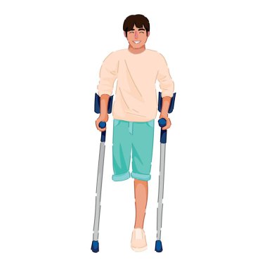 Man with amputated leg and crutches on white background