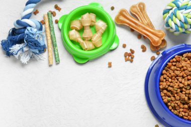 Farklı köpek mamaları ve hafif arka planda oyuncakları olan kompozisyon