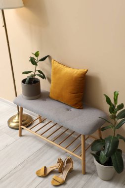 Yumuşak banklı şık bir oda ve bej duvarın yanında kadın ayakkabıları.