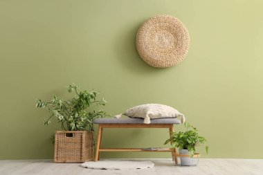 Yastıklı gri bank ve yeşil duvarın yanında bitkiler