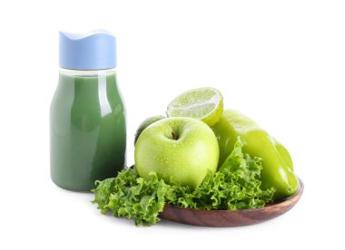 Bottle of healthy green juice with ingredients on white background