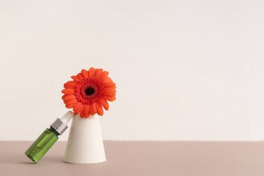 Temel yağ şişesi, sıva podyum ve güzel Gerbera çiçeğiyle renklendirilmiş kompozisyon