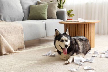 Oturma odasında yırtık kağıtlı yaramaz Husky köpeği.