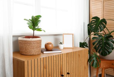 Plants with blank frame on chest of drawers in living room