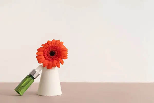 Composition Bottle Essential Oil Plaster Podium Beautiful Gerbera Flower Color — Stock Photo, Image