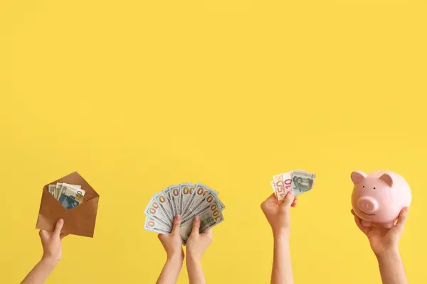 Female Hands Envelope Piggy Bank Money Yellow Background — Stock Photo, Image