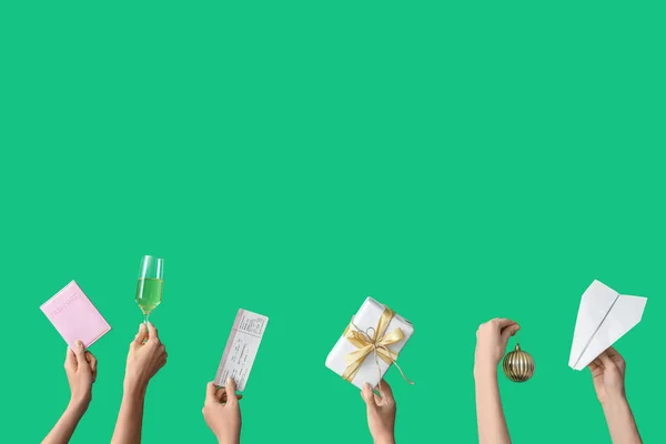 Female Hands Holding Passport Ticket Paper Plane Gift Green Background —  Fotos de Stock