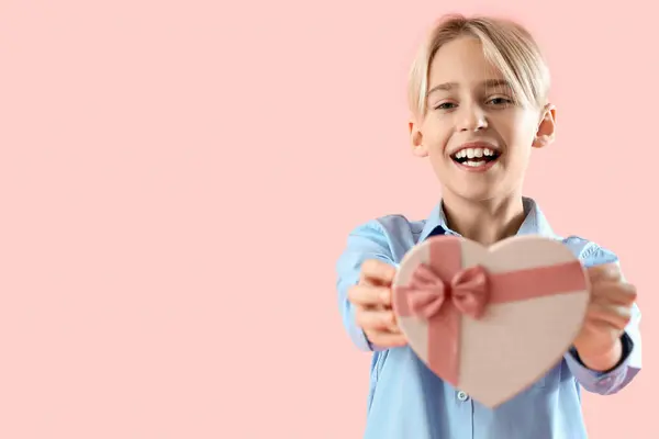 Cute Little Boy Gift Valentine Day Pink Background — стокове фото