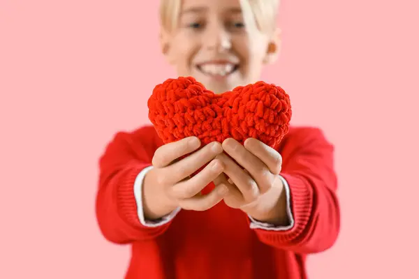 Cute Little Boy Red Heart Valentine Day Pink Background — 图库照片