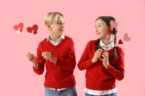 Cute Little Children Paper Hearts Pink Background Valentine Day Celebration — 图库照片